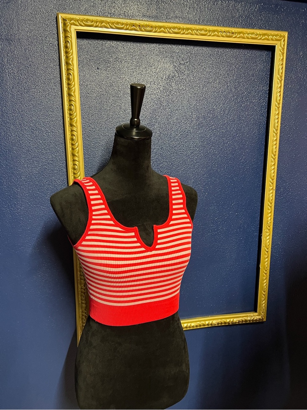 Zenana Outfitters Red & White Striped Ribbed Notch Crop Tank